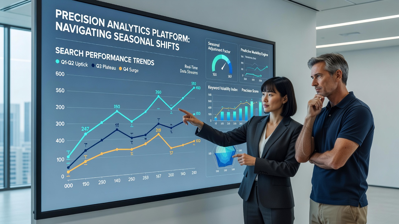 Precision analytics interface highlighting seasonal keyword adjustments and performance forecasts